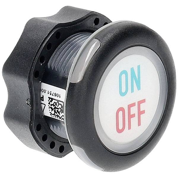 Un bouton rond avec le texte « ON » en bleu et « OFF » en rouge, logé dans un boîtier noir avec des trous de ventilation radiaux sur les côtés.