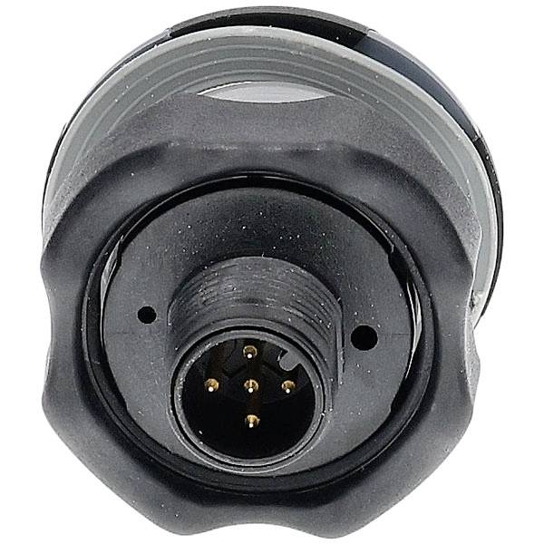 Un gros plan d'un connecteur cylindrique noir et argenté avec plusieurs petites broches dorées, généralement utilisé pour les connexions électriques dans les appareils.