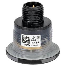 Un capteur cylindrique noir avec un code QR, un symbole d'avertissement et un numéro de série « 106754.000061 » étiqueté « PASS » sur le côté.