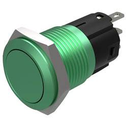 « Un bouton poussoir vert avec un design circulaire et une bordure métallique argentée. »