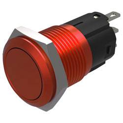 Bouton poussoir rouge dans un boîtier métallique, montrant la vue de profil et les connecteurs, utilisé pour activer des appareils électroniques ou des circuits.