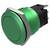 Un bouton-poussoir vert avec une bague métallique et une base noire, conçu pour le montage sur panneau, généralement utilisé pour les panneaux de commande ou les machines.