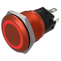 Gros plan d'un bouton-poussoir circulaire rouge avec un bord métallique et des bornes visibles, conçu pour les appareils électroniques.