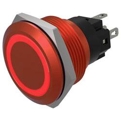 Un bouton poussoir LED rouge avec un design circulaire et une base métallique, utilisé pour les applications électroniques et les panneaux de commande.