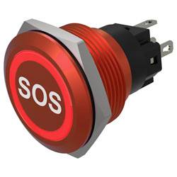 Bouton d'urgence rouge étiqueté « SOS », conçu pour les situations urgentes, doté d'accents métalliques et de connecteurs arrière.
