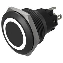 Un bouton-poussoir noir de forme ronde avec une base hexagonale métallique et un anneau LED blanc. Le commutateur est équipé de trois broches de connexion.