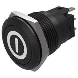 Un bouton-poussoir électrique noir avec un symbole d'alimentation sur sa surface. L'interrupteur est cylindrique avec des broches métalliques à l'arrière.
