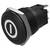 Un bouton-poussoir électrique noir avec un symbole d'alimentation sur sa surface. L'interrupteur est cylindrique avec des broches métalliques à l'arrière.