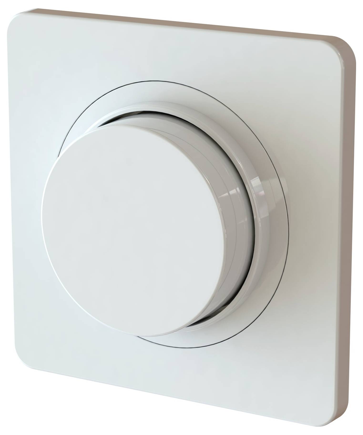 Un interrupteur variateur mural blanc avec un cadran rond sur une base carrée, utilisé pour ajuster la luminosité de l'éclairage.