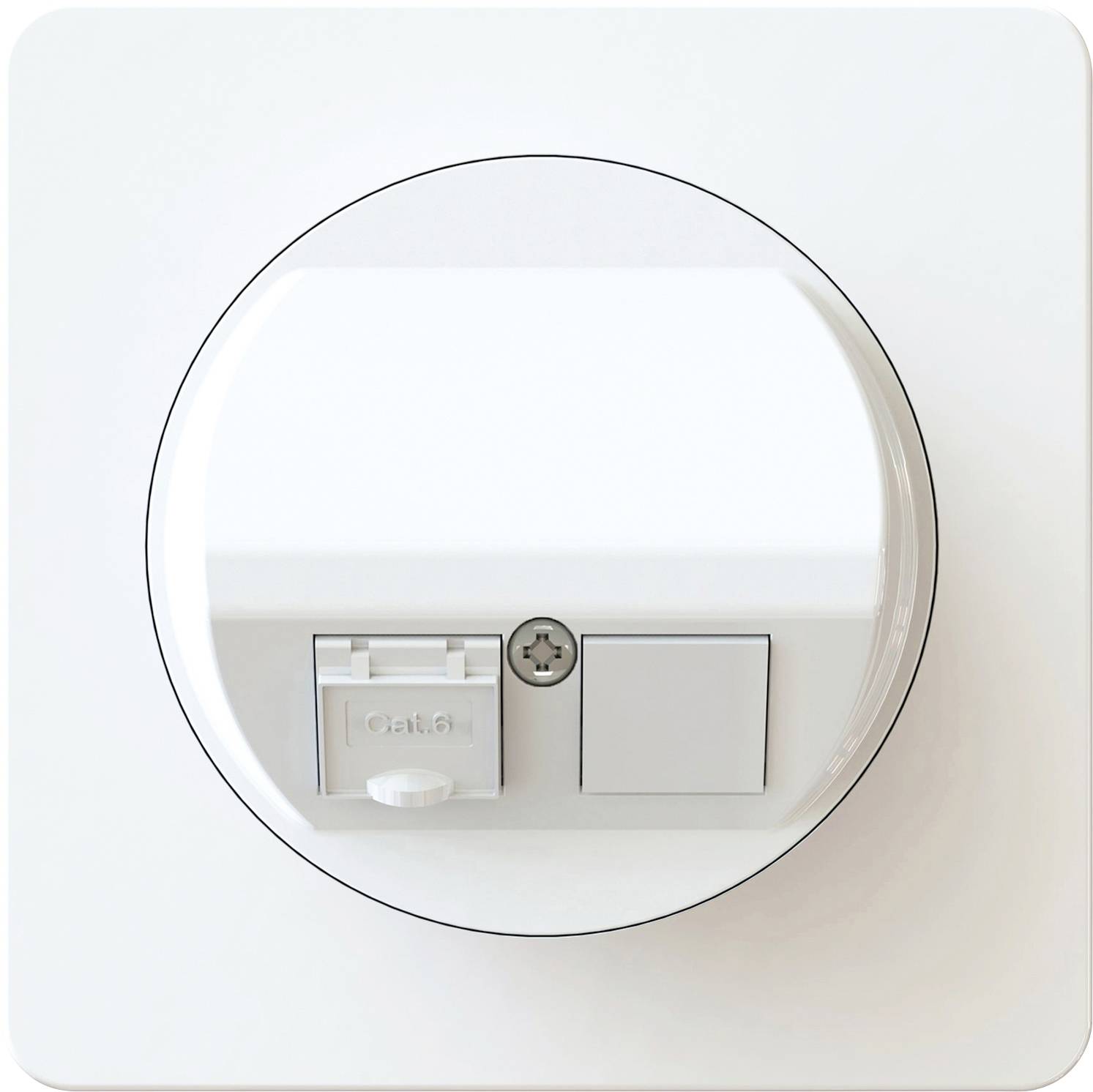 Une prise électrique blanche sur un mur avec un connecteur de câble coaxial et un port couvert étiqueté « Câble ».