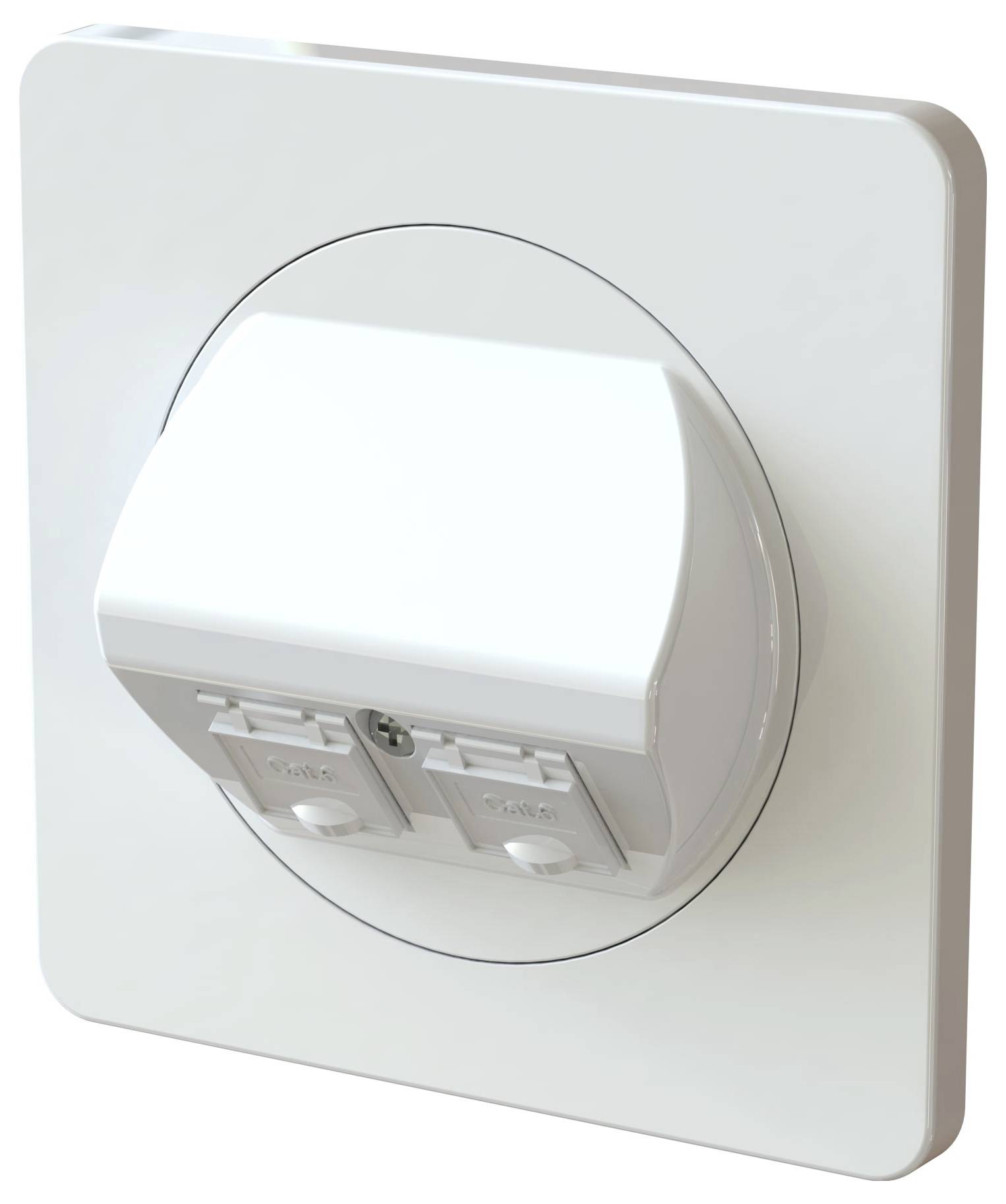 Une prise électrique blanche, carrée, avec des caches de sécurité sur deux prises, indiquant une conception à l'épreuve des enfants.