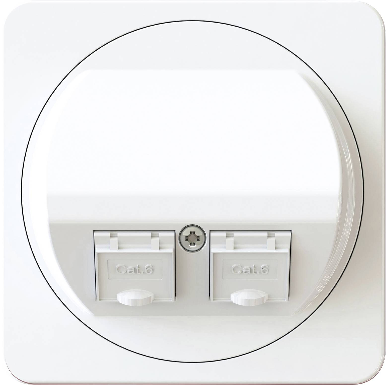 Une prise Ethernet double murale blanche étiquetée « Cat.6 ».