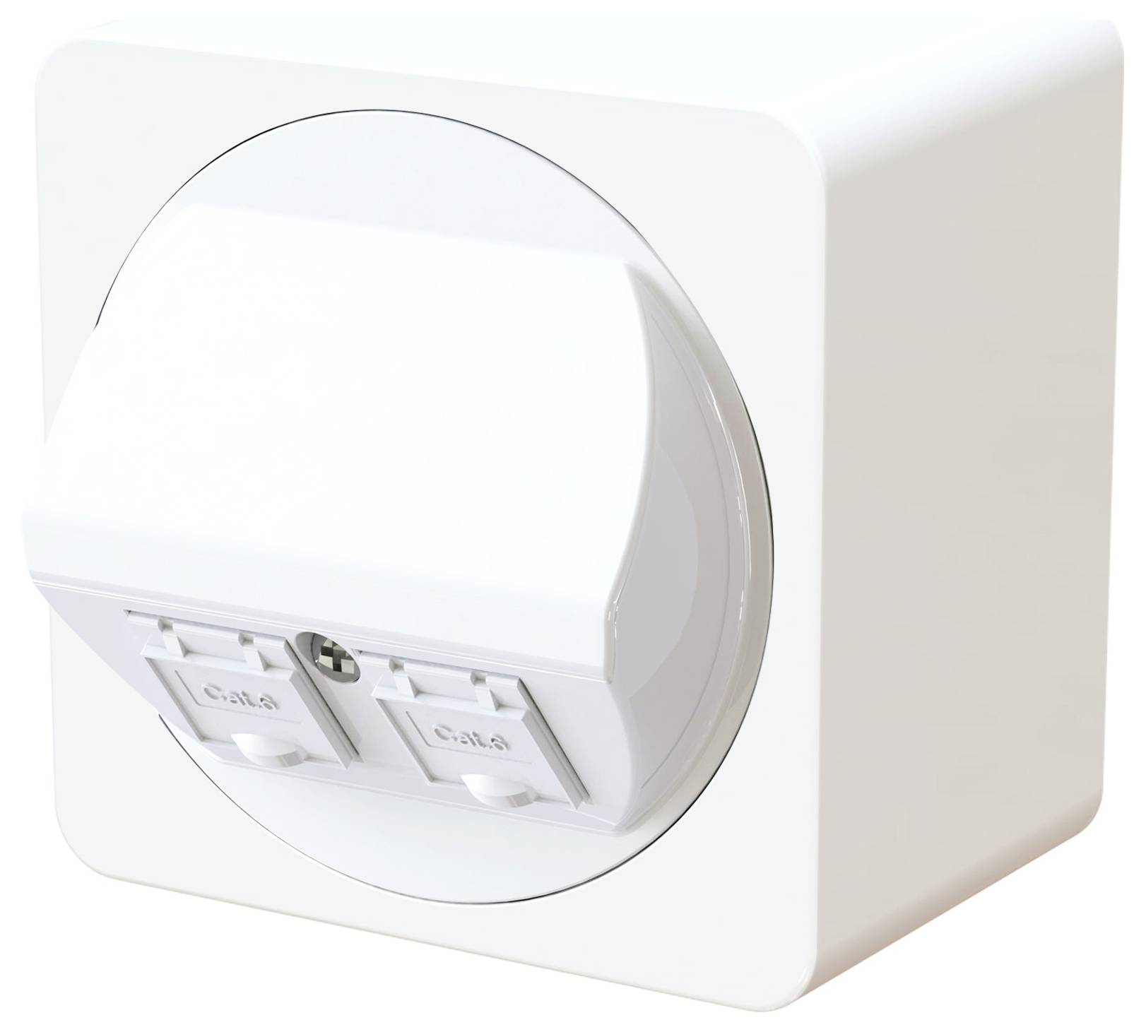 Une boîte de prise électrique carrée, blanche, étanche à l'eau avec un couvercle arrondi est illustrée. Elle comporte deux connecteurs étiquetés « C14 ».