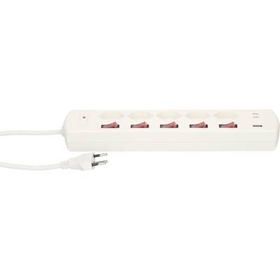 Une barrette d'alimentation blanche avec cinq prises, chacune ayant un interrupteur rouge, et une fiche bipolaire attachée pour les connexions électriques.