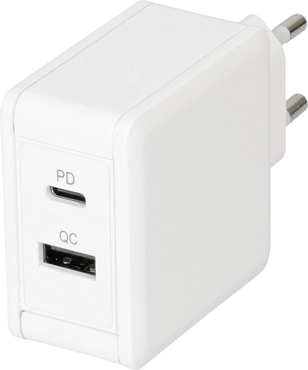 Un chargeur blanc à double port avec ports USB-C « PD » et USB-A « QC », adapté à la charge rapide, conçu pour les prises européennes.