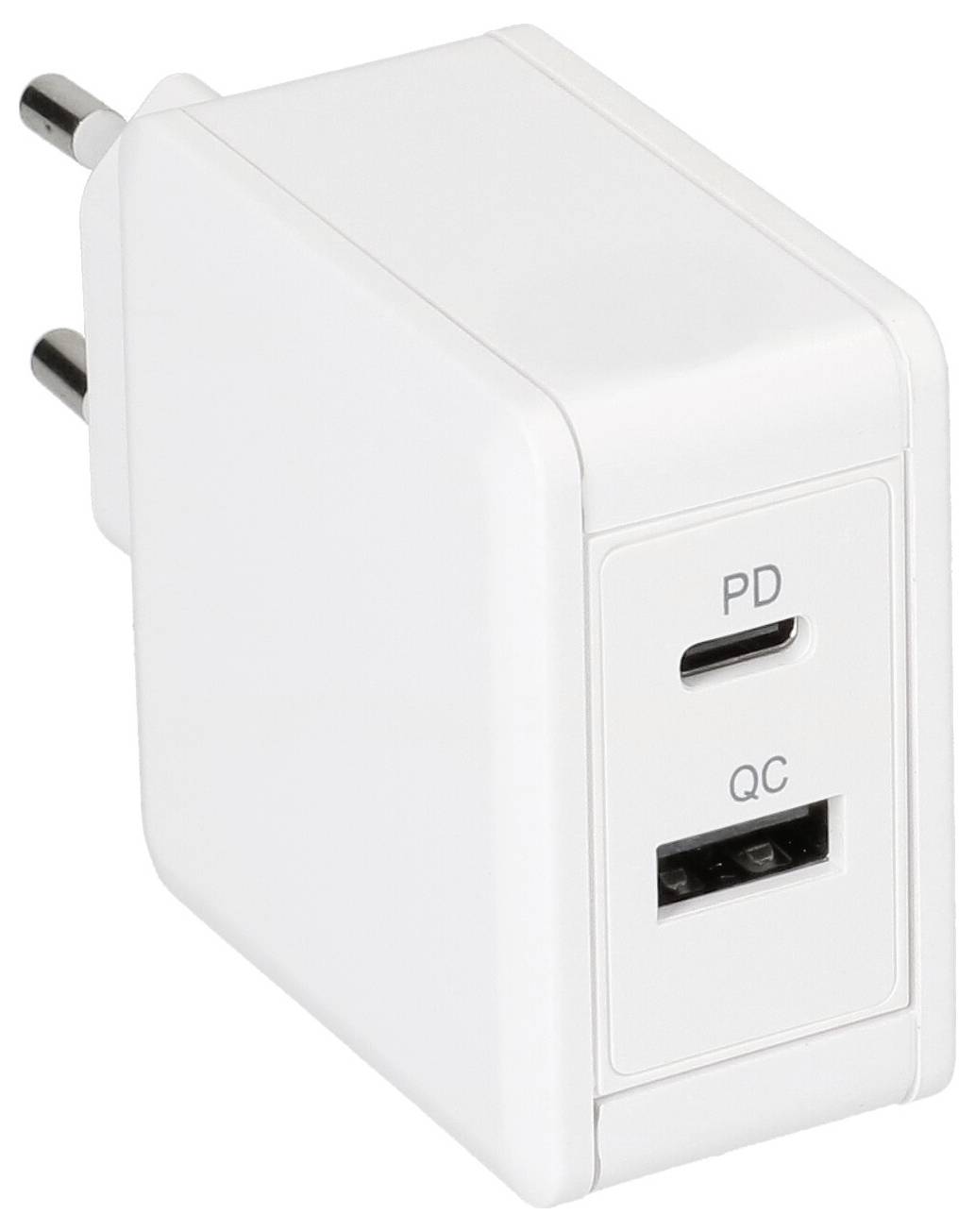 Un chargeur mural double port blanc avec ports 'PD' et 'QC', pour la recharge rapide des appareils électroniques, équipé de broches de prise européenne.