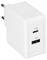 Un chargeur mural double port blanc avec ports 'PD' et 'QC', pour la recharge rapide des appareils électroniques, équipé de broches de prise européenne.