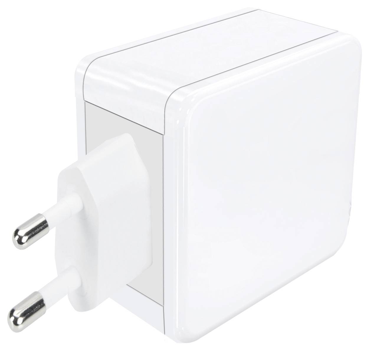 Un chargeur mural blanc avec deux broches, utilisé pour alimenter les appareils électroniques.