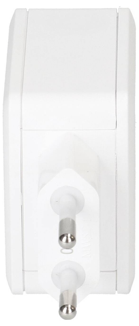 Un adaptateur électrique blanc à deux broches vu de profil, montrant la fiche orientée vers l'avant, avec un design rectangulaire compact.