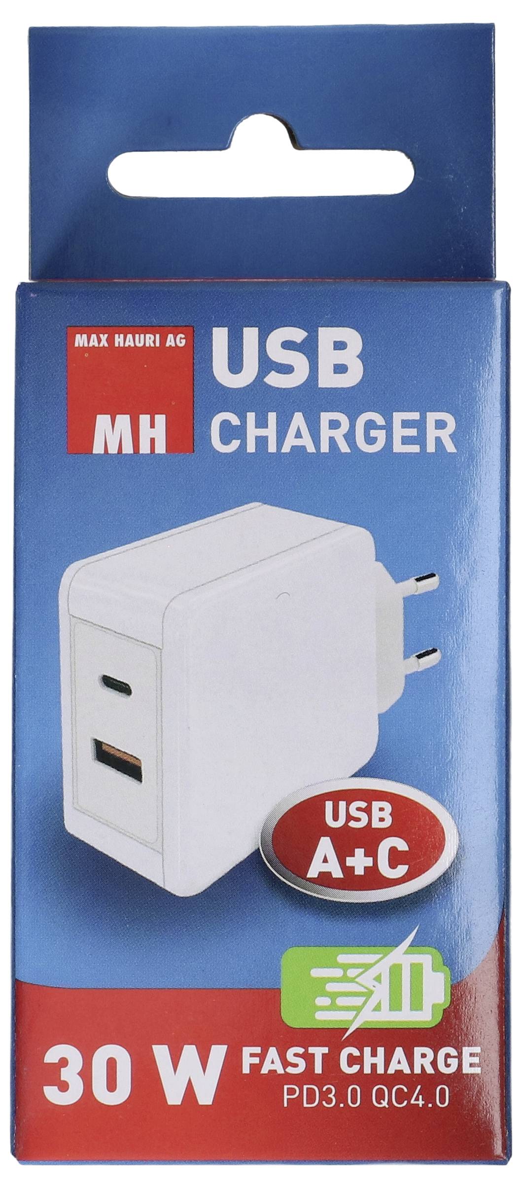 Emballage de « Chargeur USB » montrant un chargeur blanc avec ports USB A et C, étiqueté « Charge rapide 30 W », présentant la technologie PD3.0 et QC4.0.