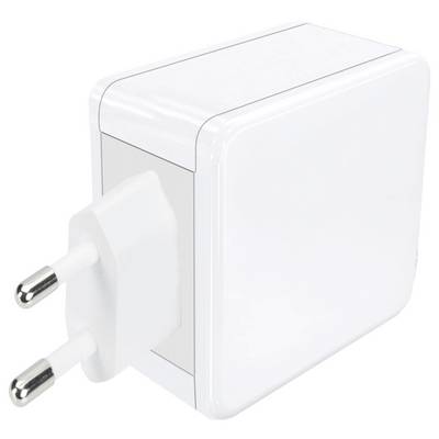 Un chargeur mural blanc avec deux broches métalliques arrondies pour les prises européennes.