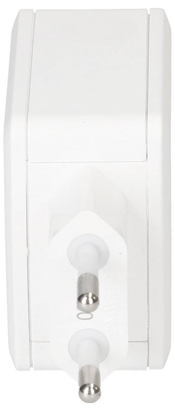 Un adaptateur de prise électrique blanc avec deux broches métalliques rondes, conçu pour les prises de courant européennes. La prise est présentée sous un angle frontal.