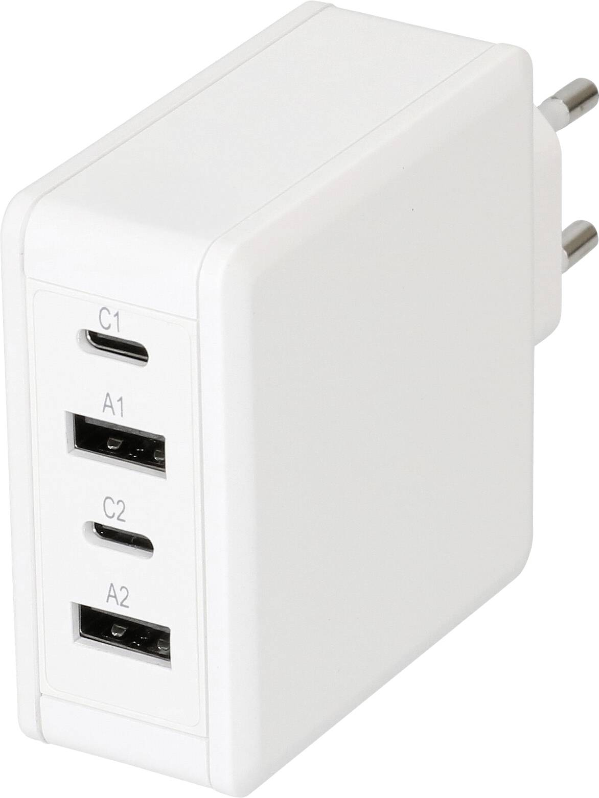Un chargeur mural blanc avec quatre ports USB étiquetés C1, C2, A1 et A2, conçu pour charger plusieurs appareils simultanément.