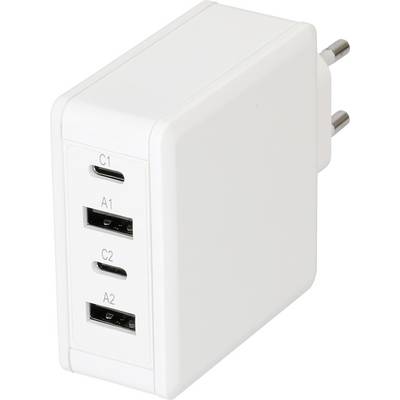 Un chargeur mural blanc avec quatre ports USB étiquetés C1, C2, A1 et A2, conçu pour charger plusieurs appareils simultanément.