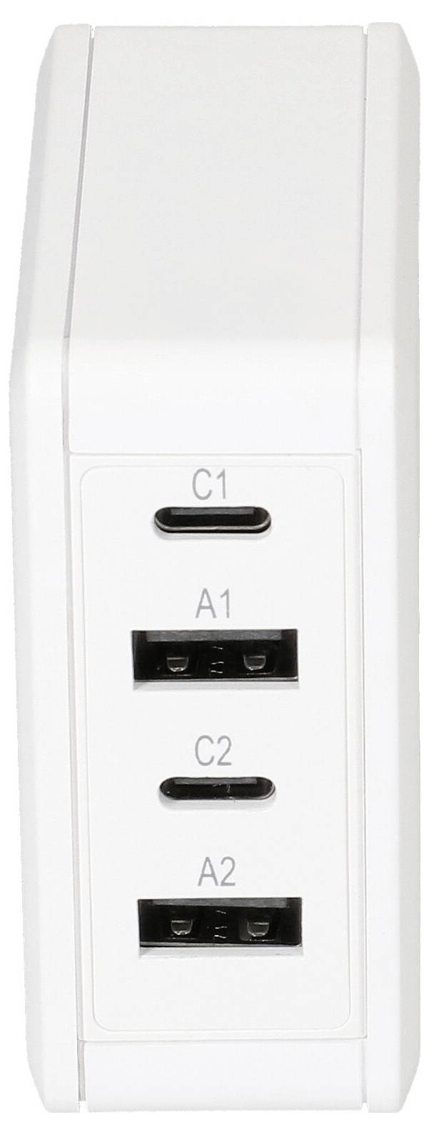 Adaptateur de charge mural blanc avec deux ports USB-C étiquetés C1 et C2, et deux ports USB-A étiquetés A1 et A2.