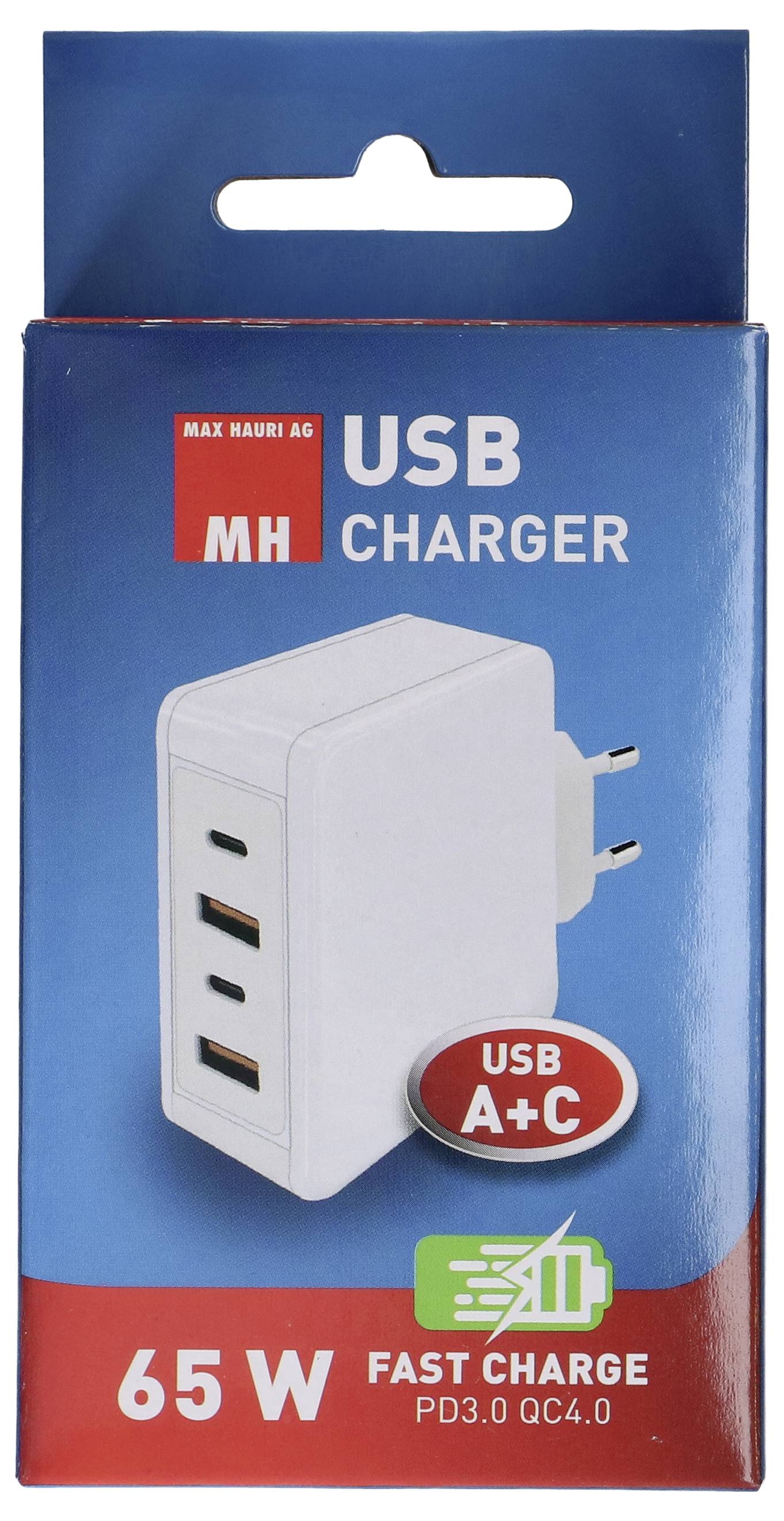 Boîte d'un « Chargeur USB MH » avec capacité de charge rapide 65W, affichant un chargeur blanc équipé de ports USB-A et USB-C.