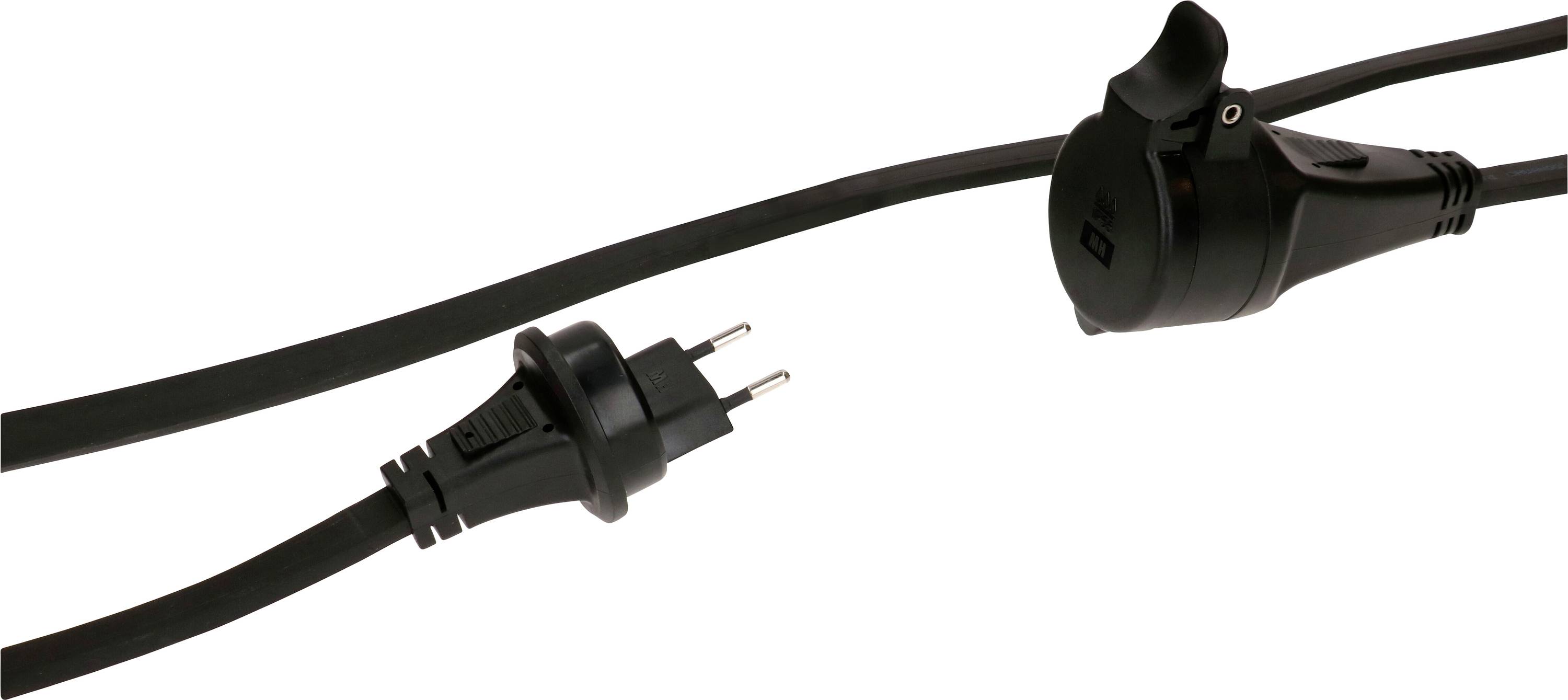Deux prises électriques noires avec à une extrémité une fiche bipolaire européenne et à l'autre extrémité une prise, toutes deux reliées par un câble.