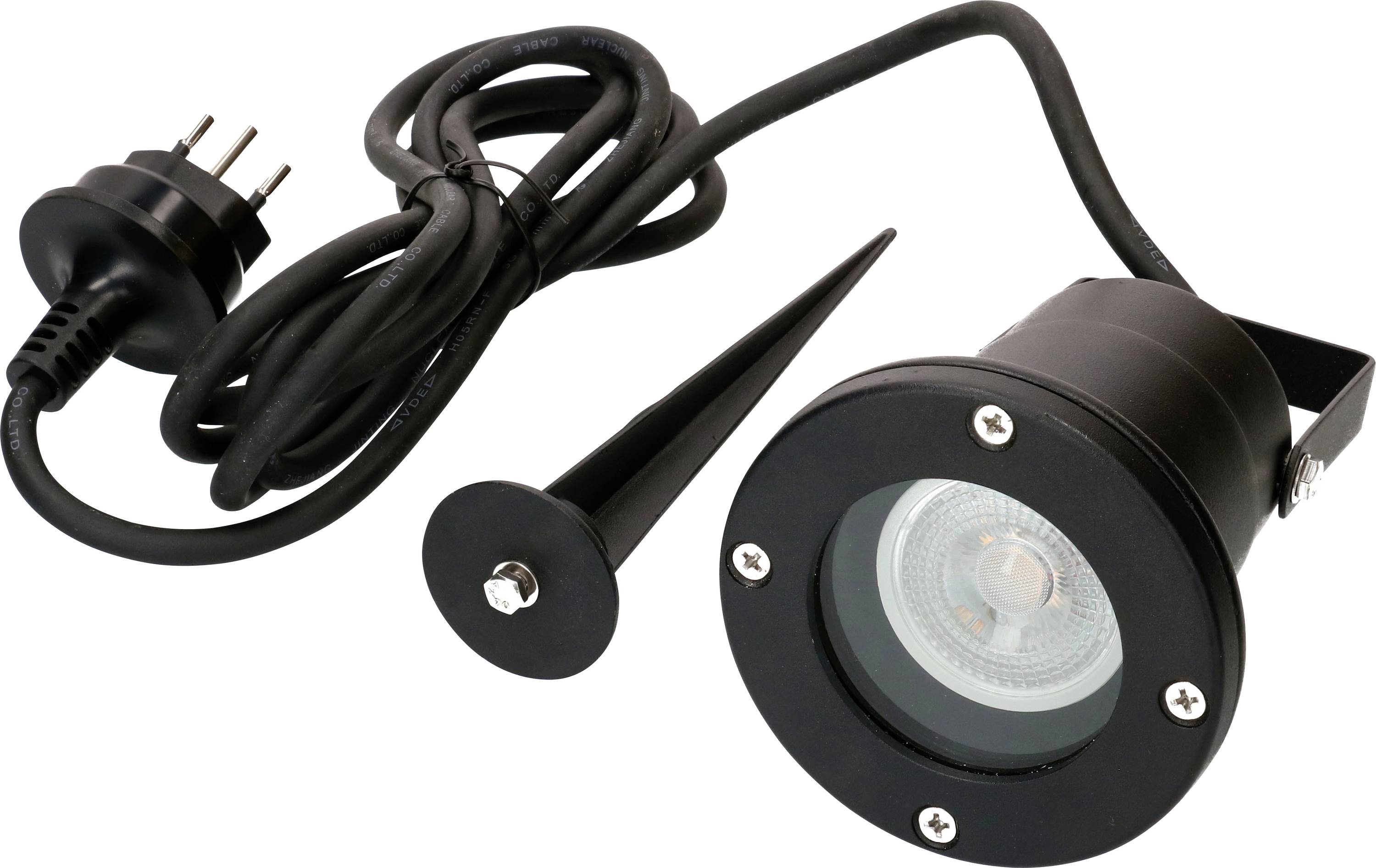 Projecteur de paysage LED extérieur avec boîtier noir, cordon d'alimentation et pique de terre.