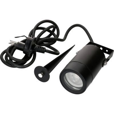 Un projecteur LED d'extérieur noir avec piquet de sol et cordon d'alimentation, conçu pour l'éclairage de jardin ou de paysage.