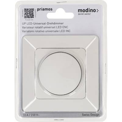 Emballage du gradateur rotatif LED universel « Priamos ». Les caractéristiques incluent : capacité de 10 A / 230 V~, design suisse, code QR pour les informations produit.