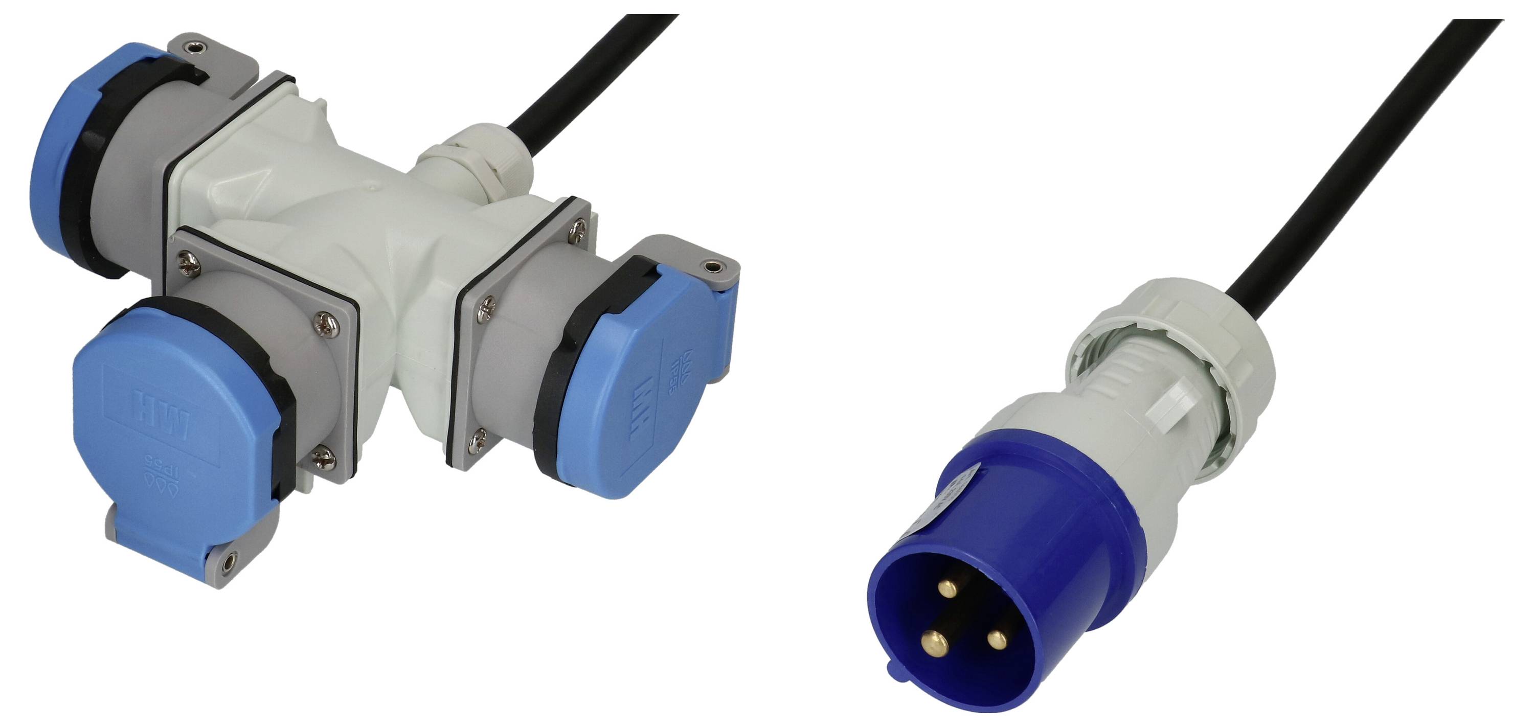 « Un séparateur électrique en forme de T avec trois prises d'un côté et une fiche bleue à trois broches de l'autre côté, reliés par des câbles. »