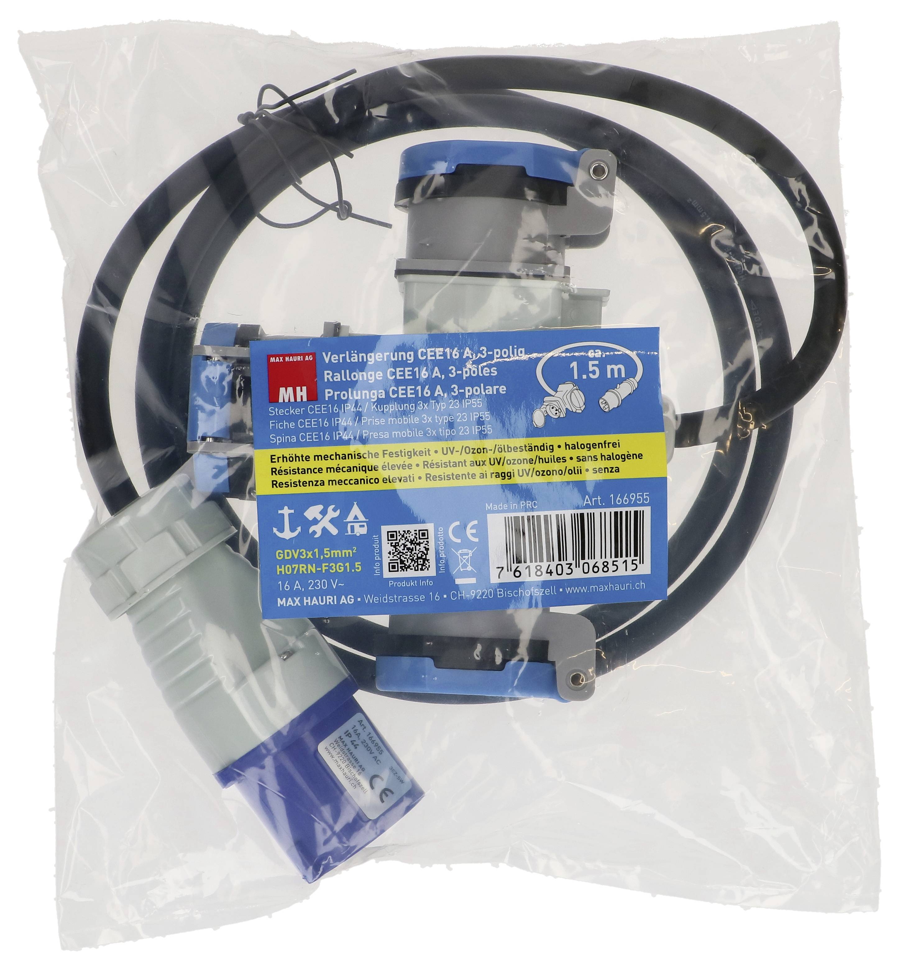 'Rallonge câble Max Hauri, 1,5 mètres, connecteur et fiche CEE 3 pôles 16 A, modèle OHOVA1.5M, 16 A, 250 V pour des connexions électriques sécurisées.'