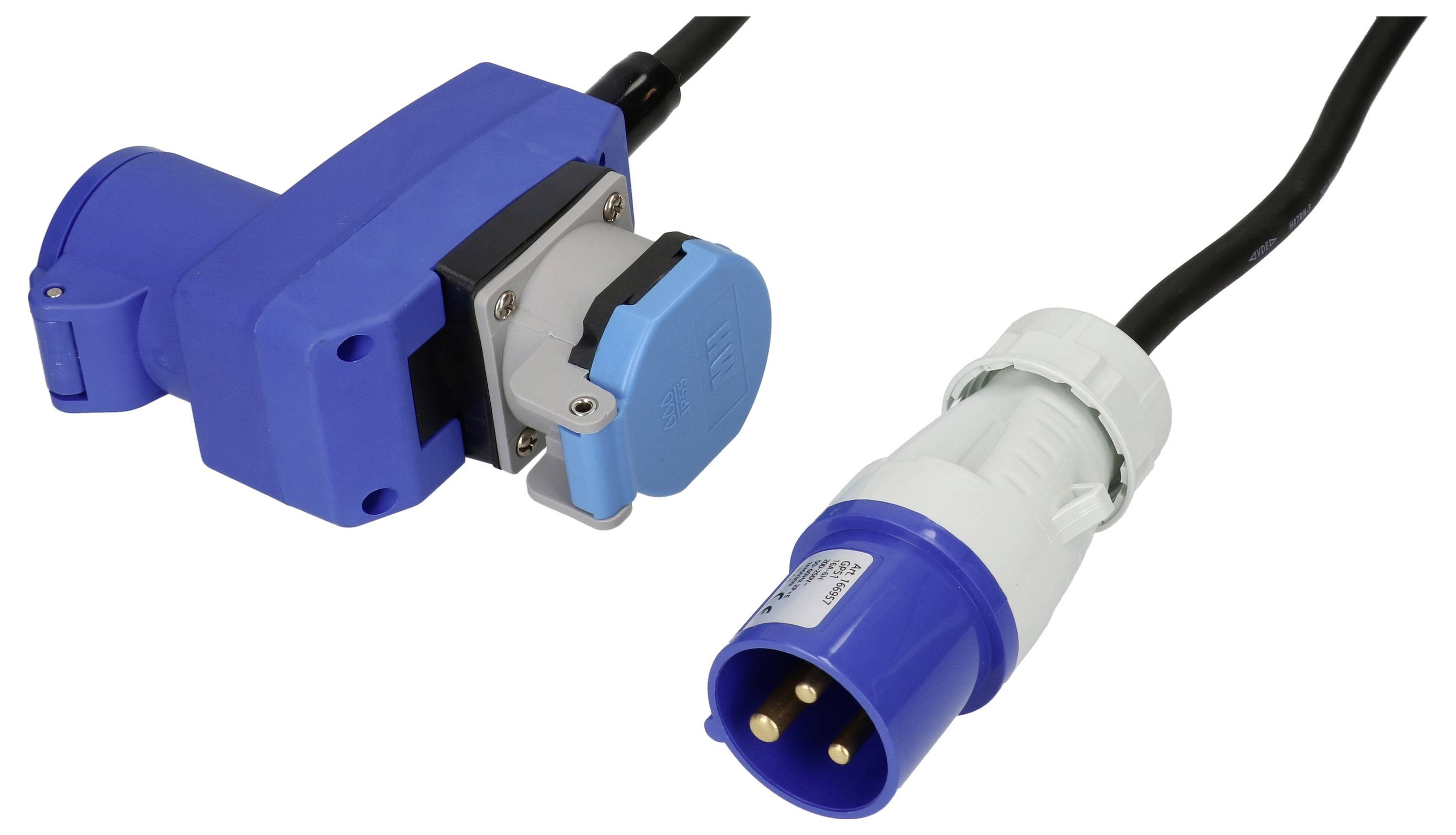 Une fiche électrique industrielle bleue et une prise sur fond blanc, montrant les connecteurs et les mécanismes de verrouillage.