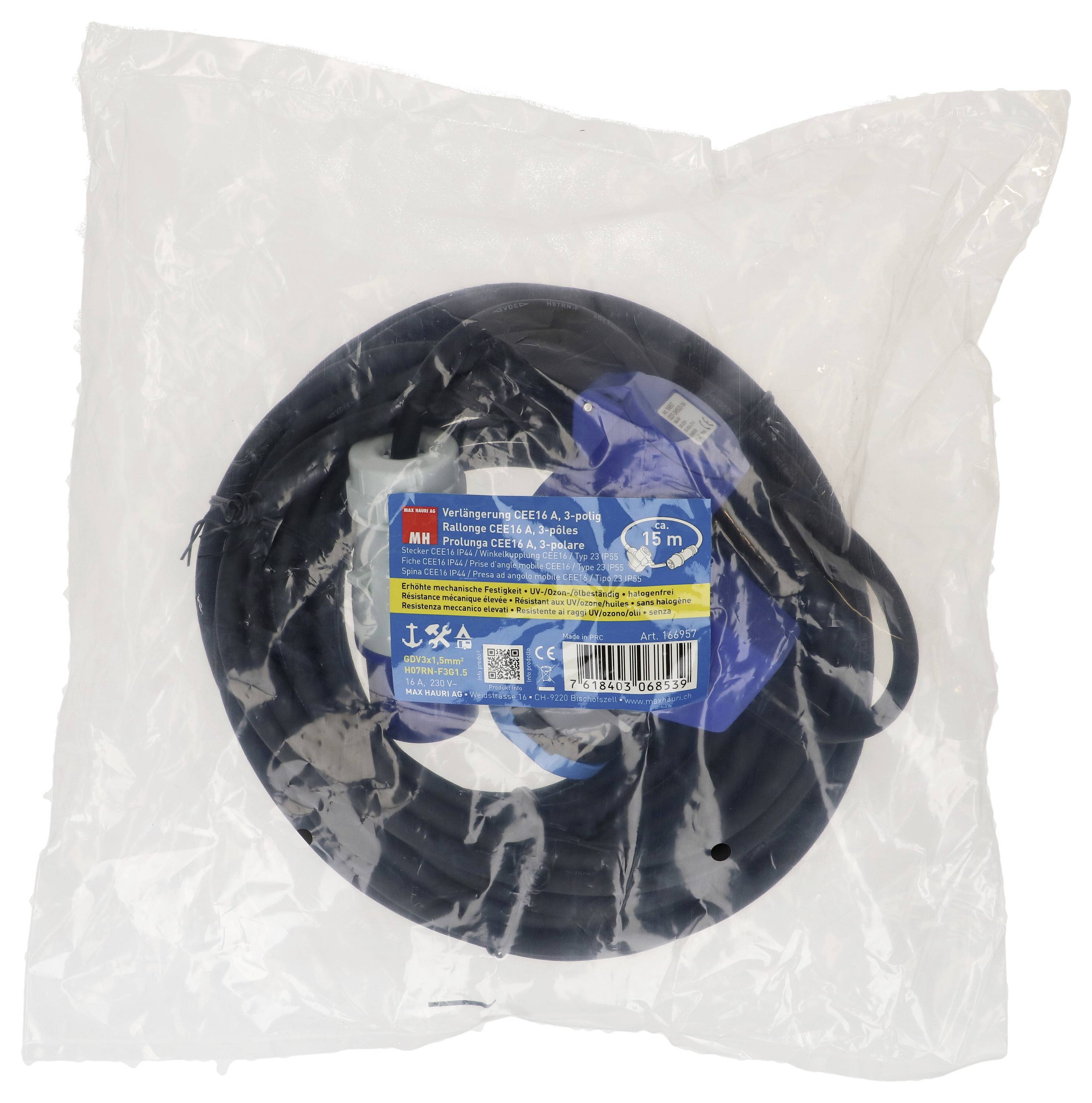 Un câble noir enroulé dans un emballage plastique transparent, étiqueté « 15 m » avec du texte bleu et blanc indiquant les informations sur le produit.