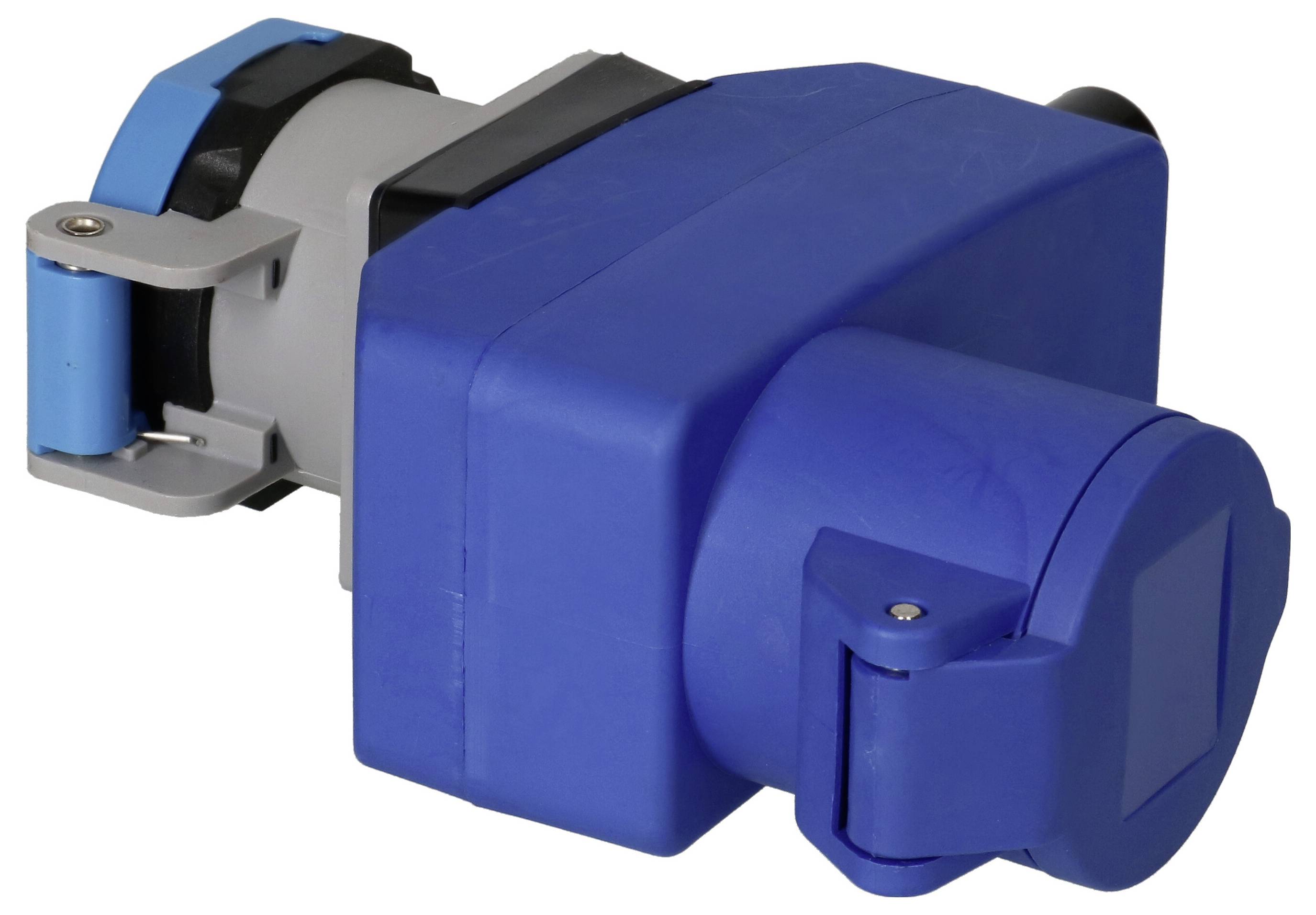 Une fiche électrique industrielle bleue au design robuste et rectangulaire, dotée de fermoirs métalliques et d'un capuchon de protection.