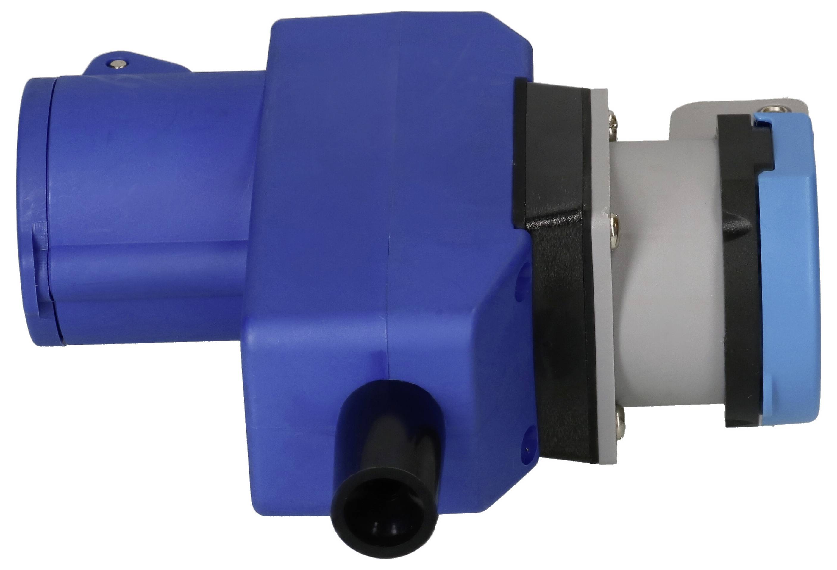 Une fiche industrielle bleue avec un connecteur noir et gris, conçue pour les connexions électriques. Elle dispose d'une interface circulaire.