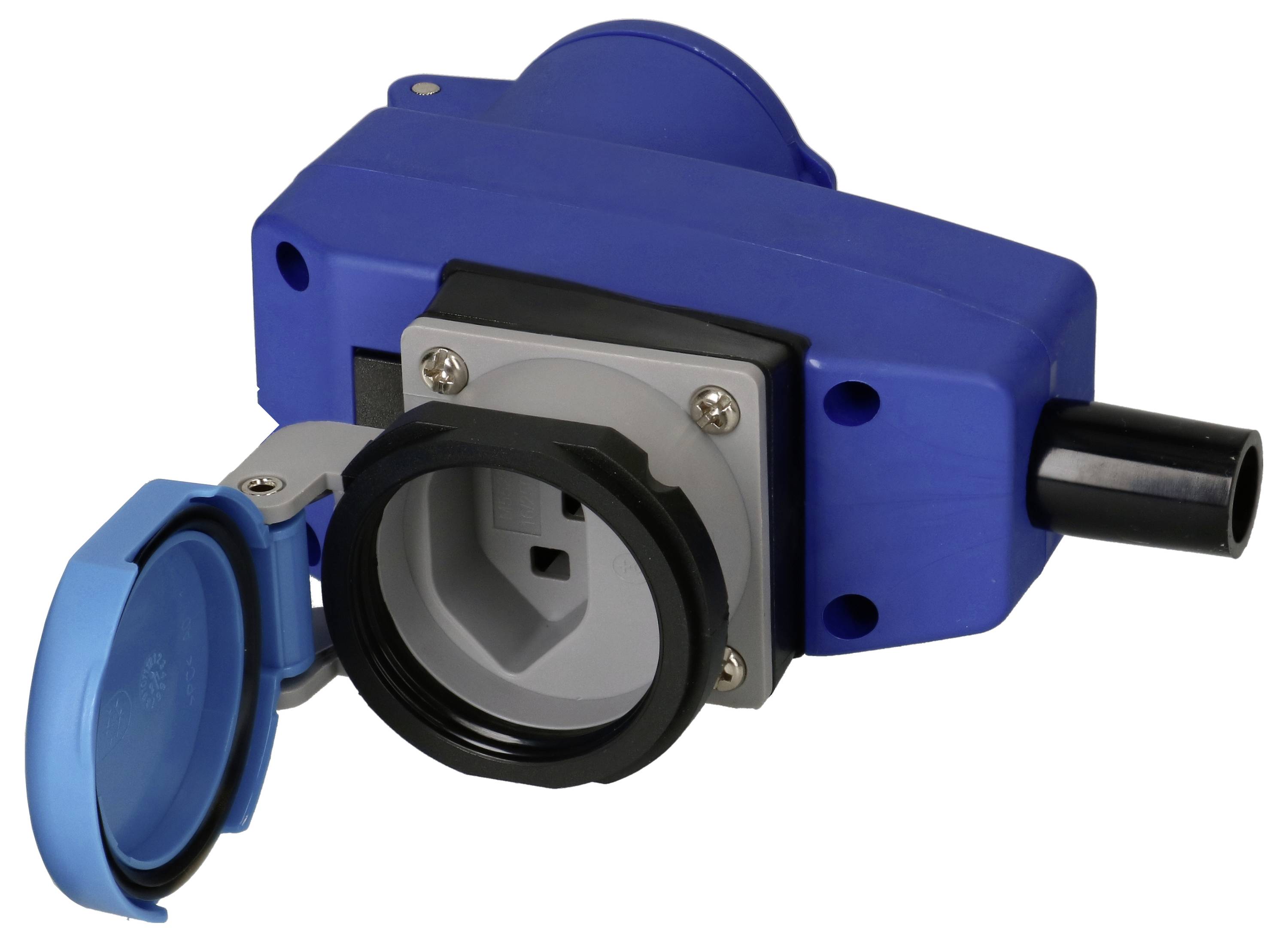 Une prise de courant industrielle bleue avec un couvercle de protection, conçue pour les connexions électriques dans les environnements industriels.