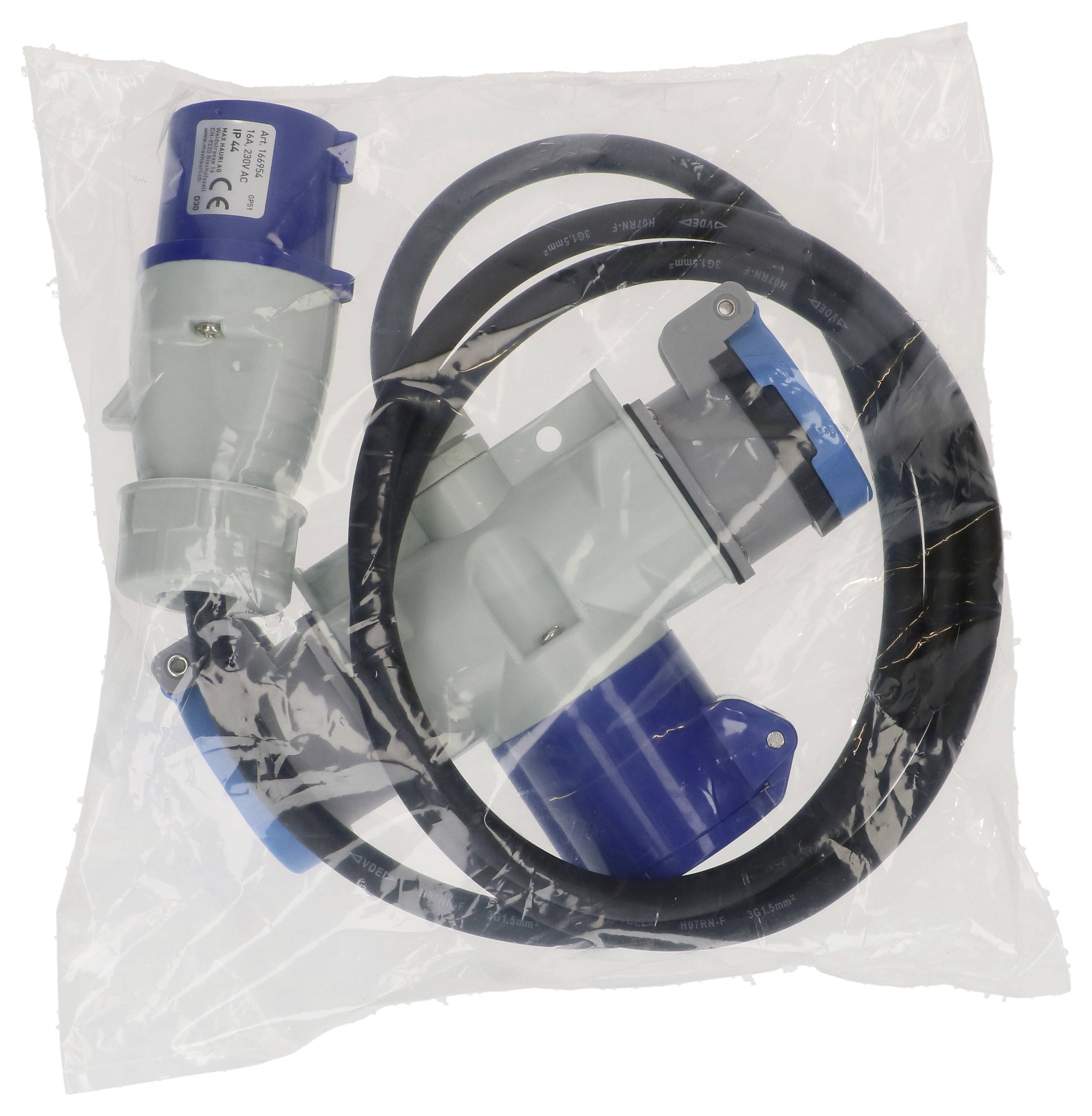'Connecteur d'alimentation industriel et câble enroulé dans un sac en plastique transparent.'