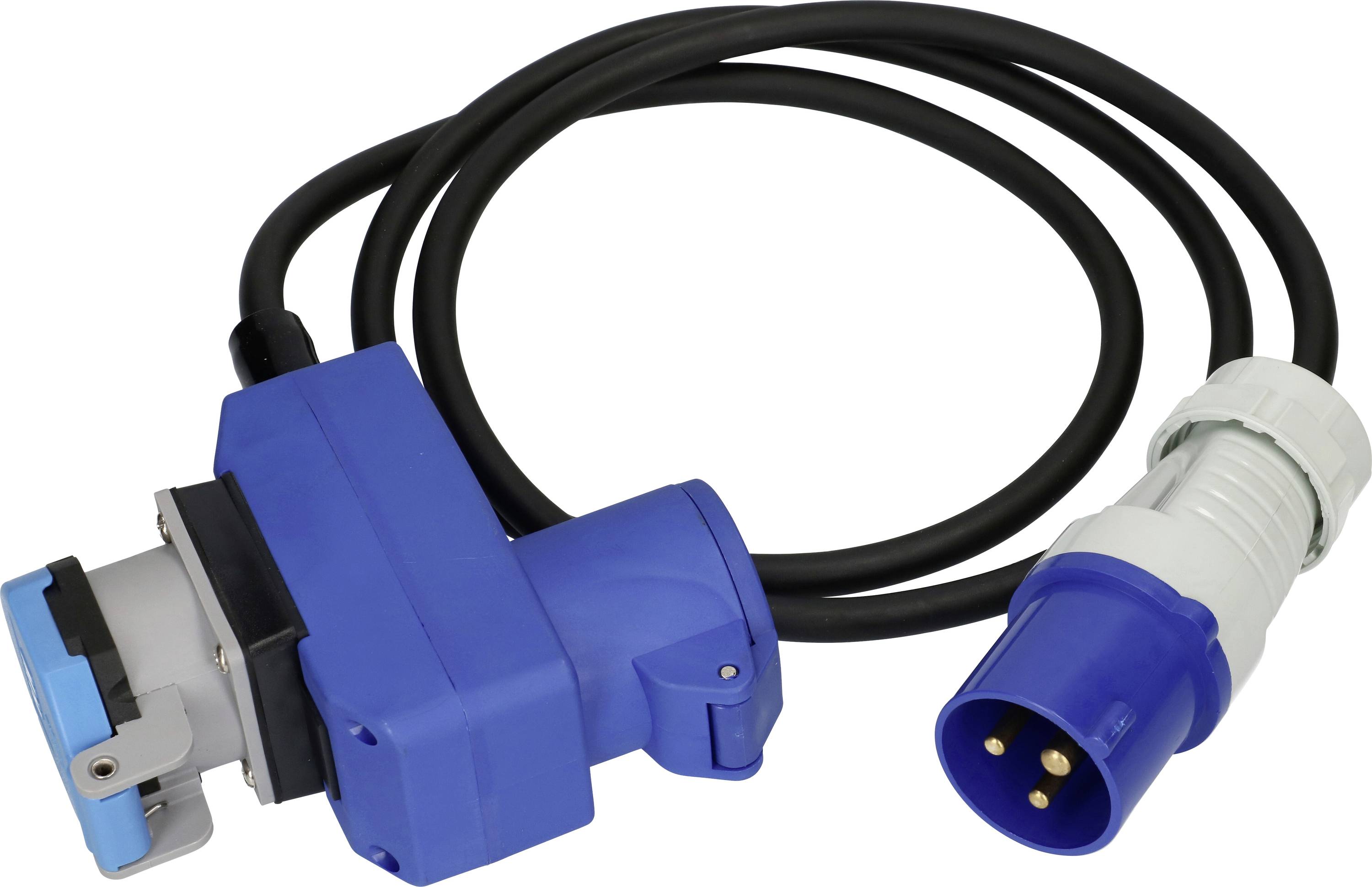 Une prise de courant industrielle bleue et grise avec un câble noir flexible et trois broches en laiton, utilisée pour connecter les machines lourdes aux prises de courant.