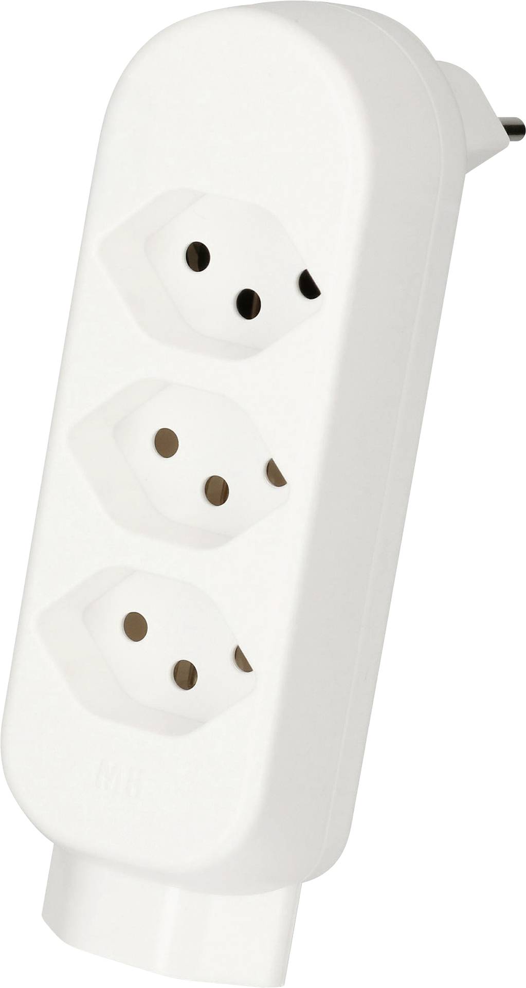 Une barrette d'alimentation blanche avec trois prises de courant disposées verticalement.