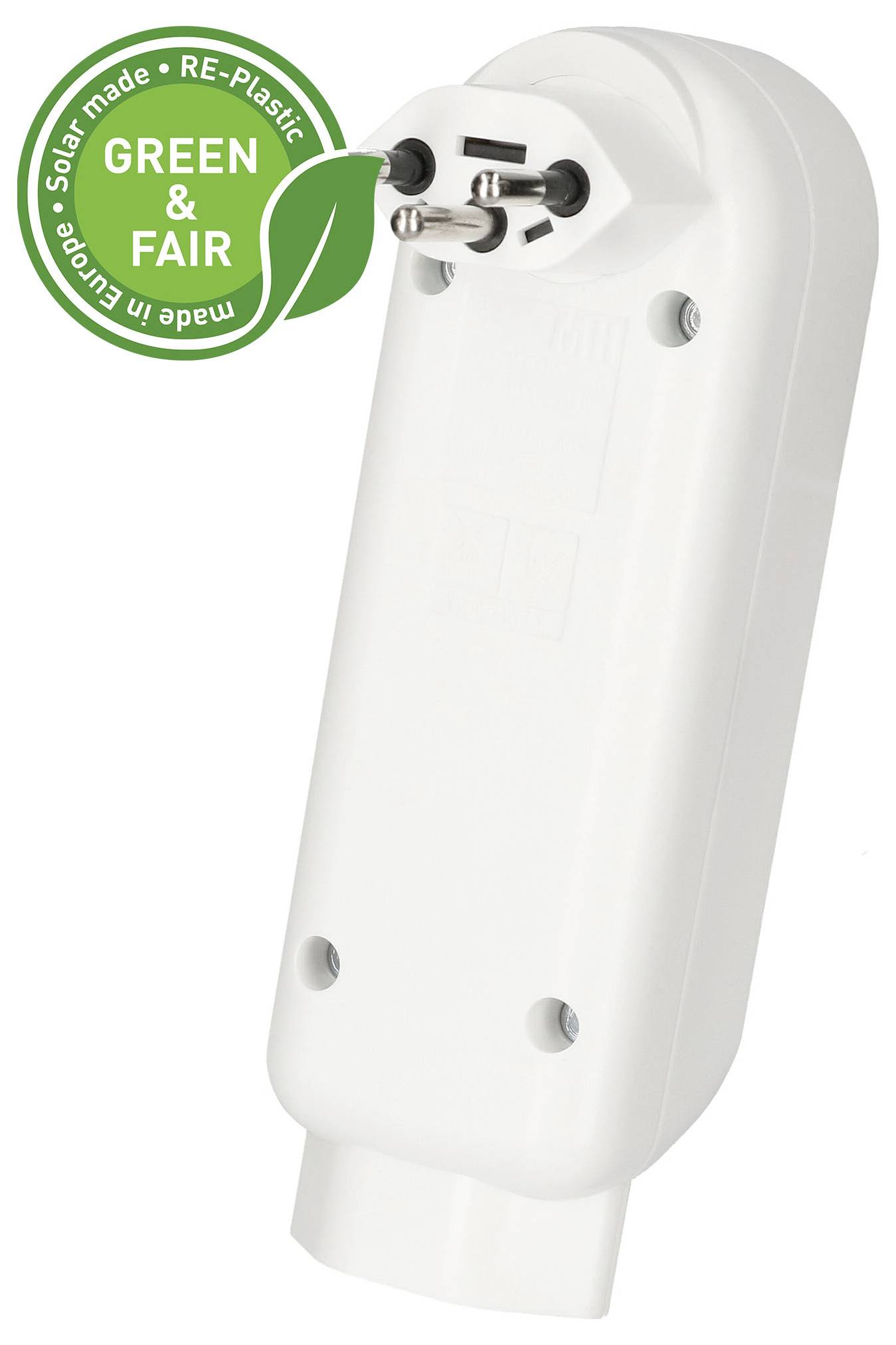 Un chargeur de brosse à dents électrique blanc avec deux broches, portant un label « Green & Fair » indiquant qu'il est fabriqué à l'énergie solaire et utilise du plastique recyclé.