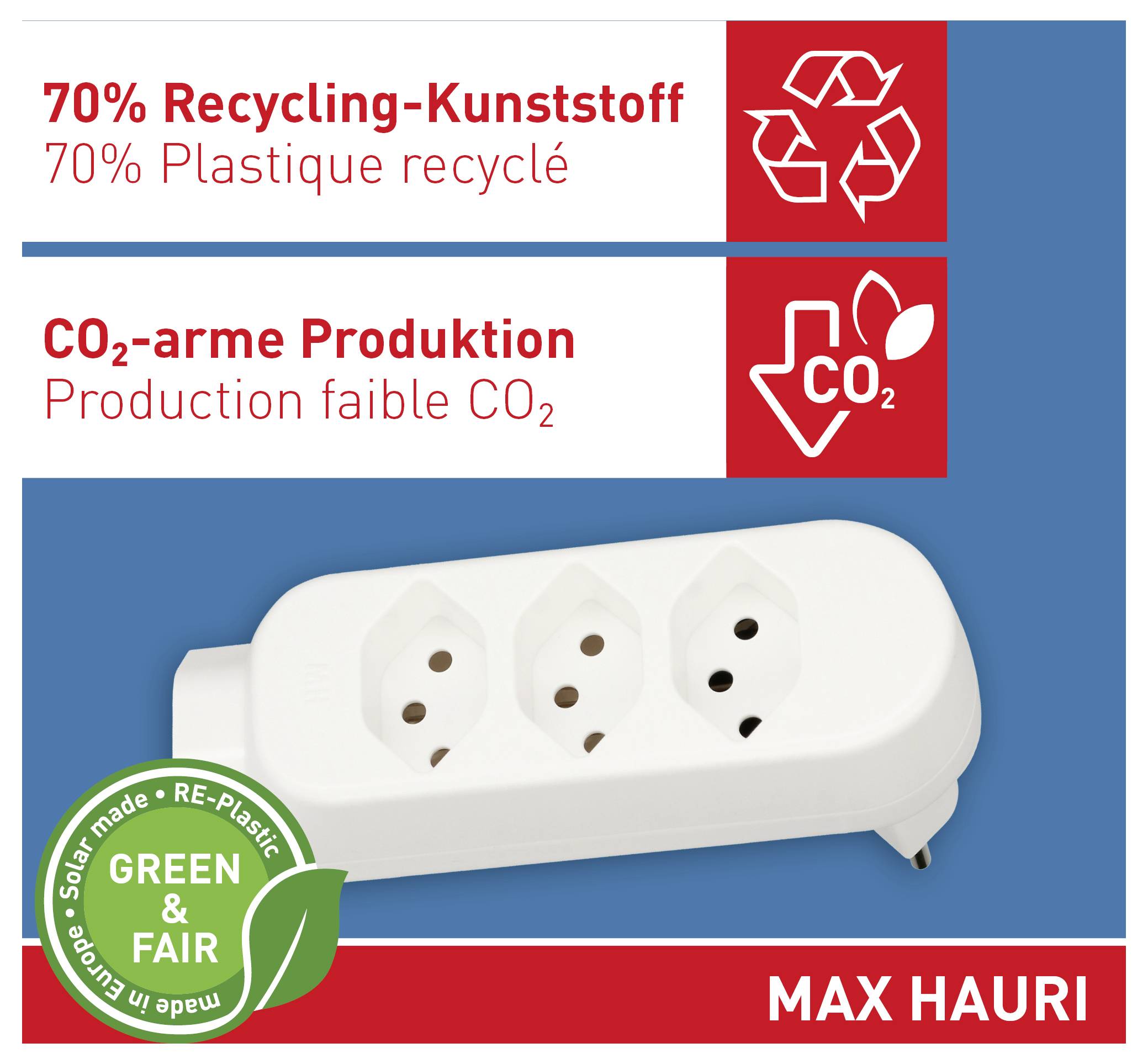 Barre d'alimentation avec trois prises ci-dessous le texte : « 70% Plastique Recyclé », « Production à Faible Émission de CO2 ». Inclut un logo de produit vert et équitable.