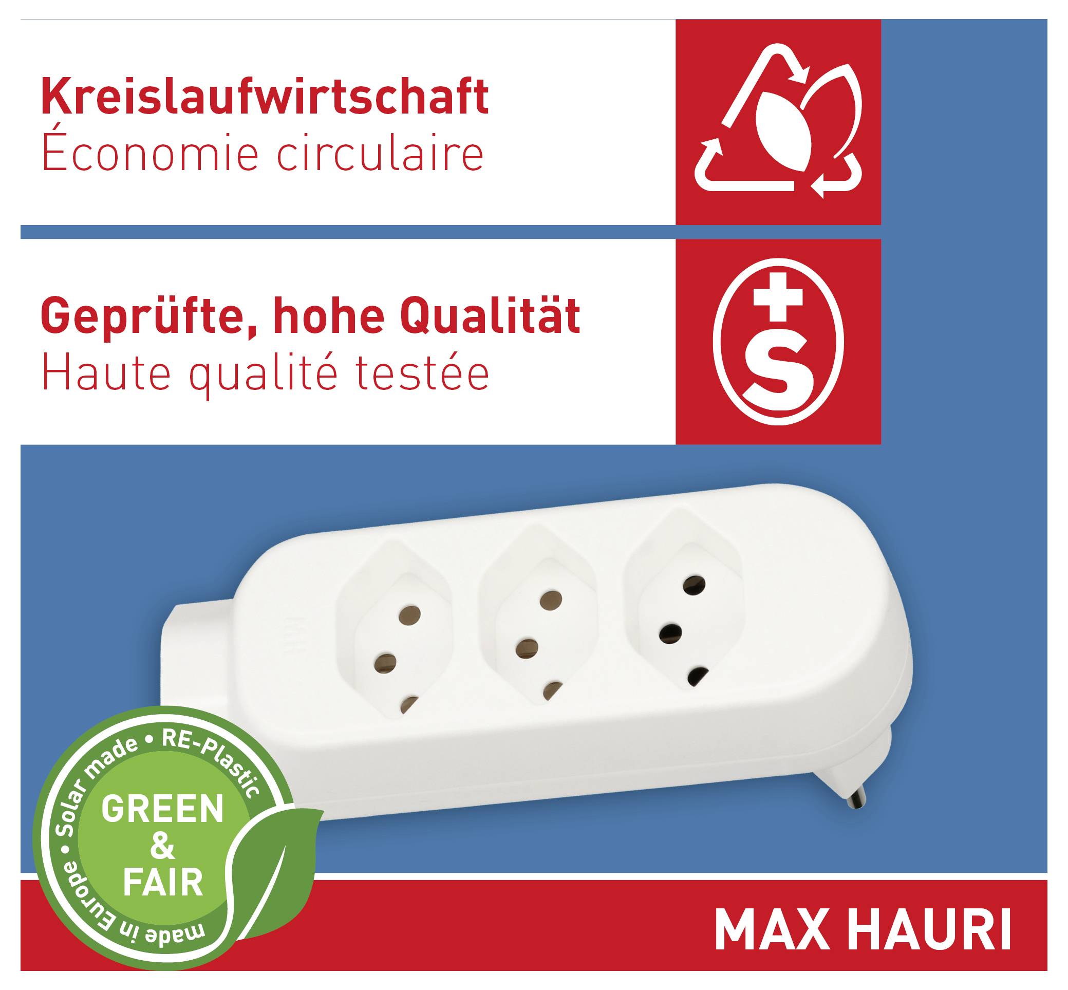 « Une barrette d'alimentation blanche à trois prises sous une bannière en deux parties. En haut à gauche : icône d'économie circulaire, en haut à droite : icône d'assurance qualité. En bas à gauche : étiquette « GREEN & FAIR ». »