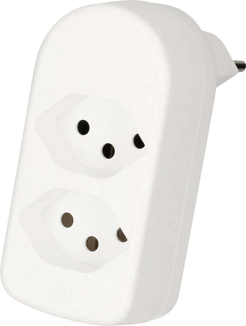 Un adaptateur électrique blanc avec deux prises de courant conçu pour les fiches européennes, adapté pour élargir l'accès aux connexions électriques.