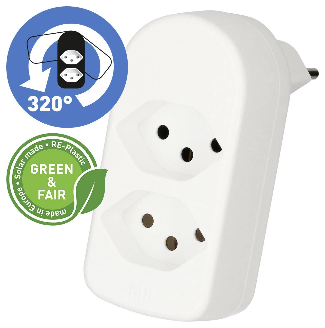 Adaptateur de prise double blanc avec fonction de rotation à 320°, étiqueté « Green & Fair », mettant en évidence les matériaux en plastique recyclé fabriqué à partir d'énergie solaire.