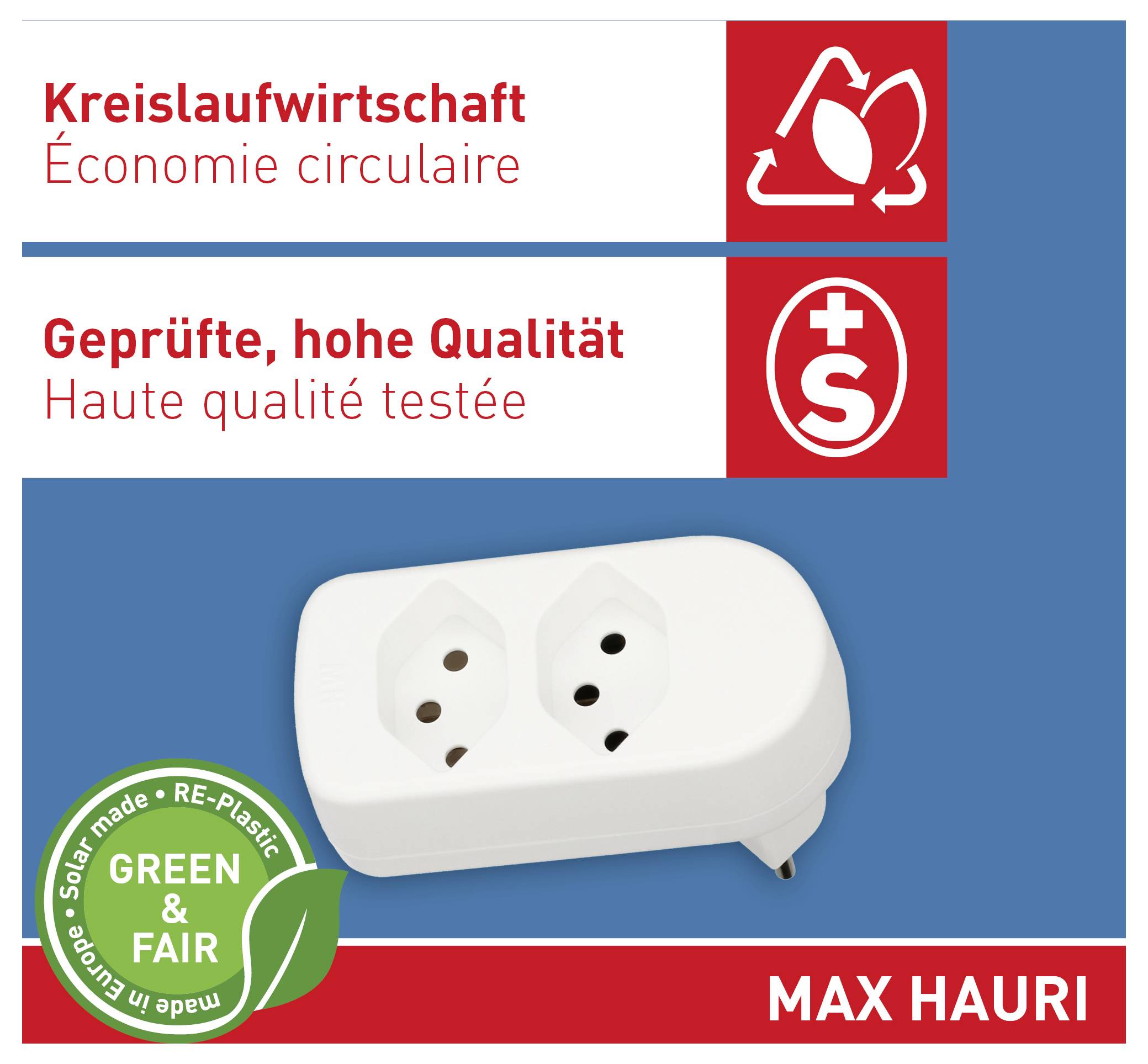 Bande d'alimentation noire avec plusieurs prises branchée dans une prise murale, avec deux cordons rouges connectés, illustrant la gestion de l'alimentation électrique.